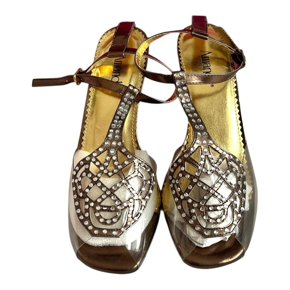 NIB AMANDA Martini Metallic Gold Women’s Shoes Clear Heels Rhinestone Sandals 36 - Picture 3 of 8